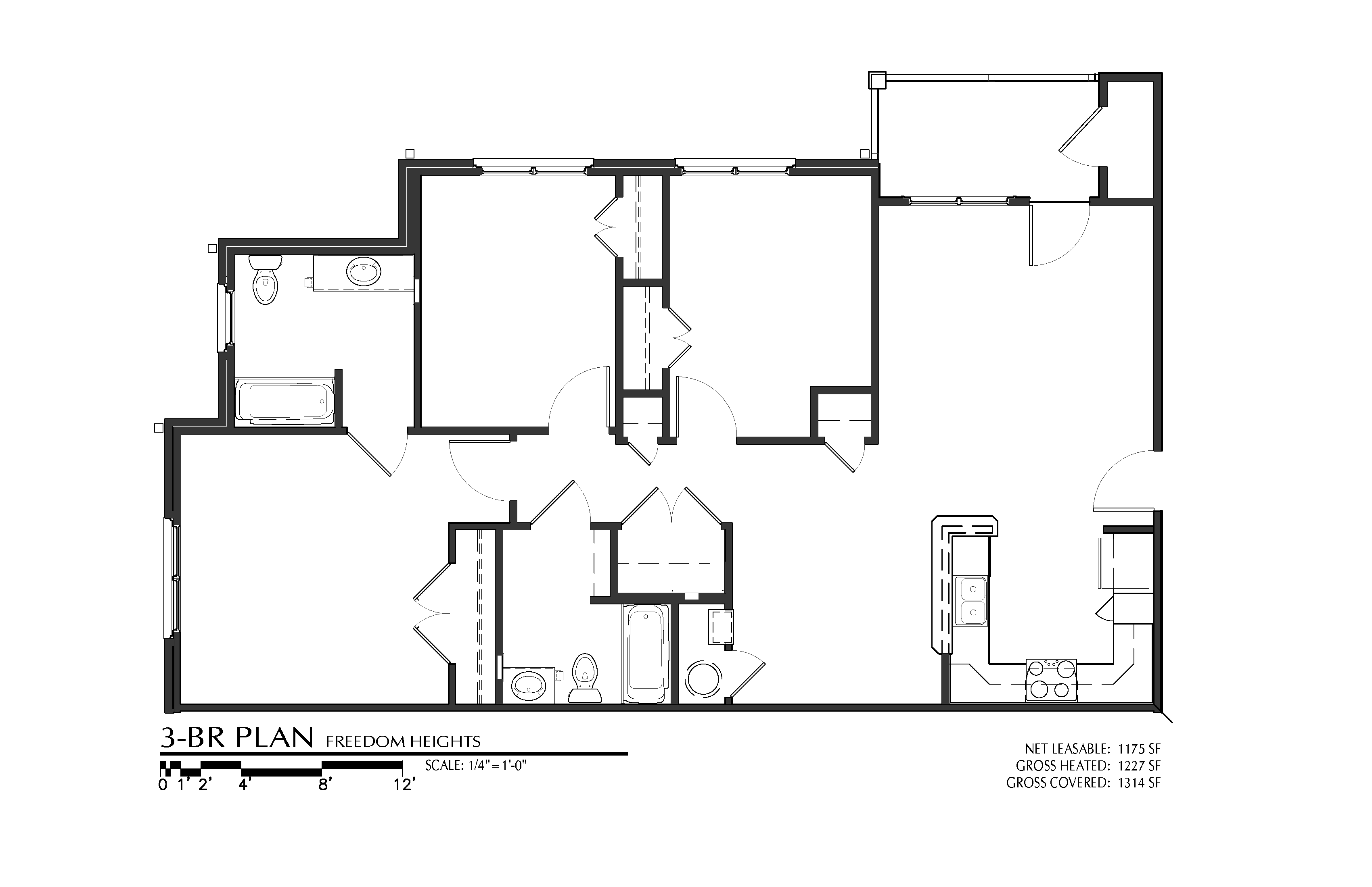 Floor plan for 3 beds, 2 baths, 1227 sqft